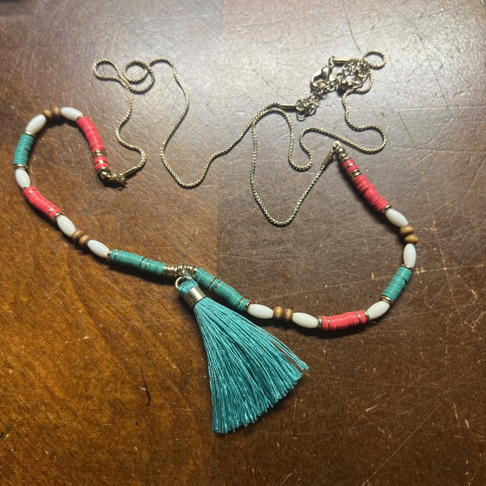 Taramanda Pink Teal Beaded Tassel Necklace Gold Tone Boho Long Chain A08
